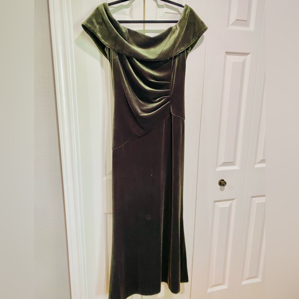 Xscape Moss Green Off the Shoulder Velvet Gown for Weddings